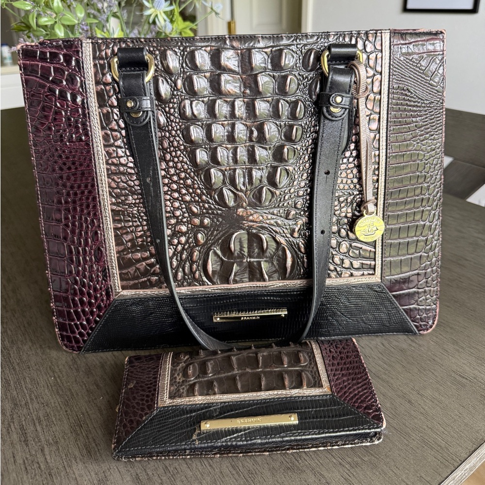 Brahmin Black and Purple Crocodile Embossed Tote & Matching Wallet
